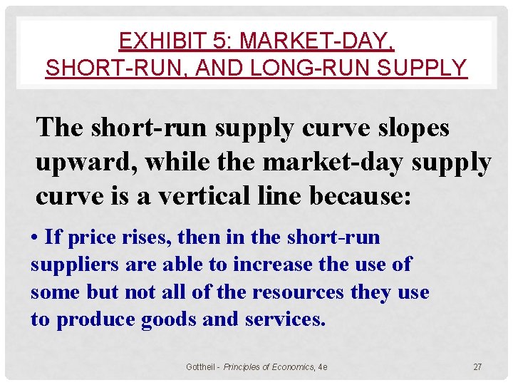 EXHIBIT 5: MARKET-DAY, SHORT-RUN, AND LONG-RUN SUPPLY The short-run supply curve slopes upward, while