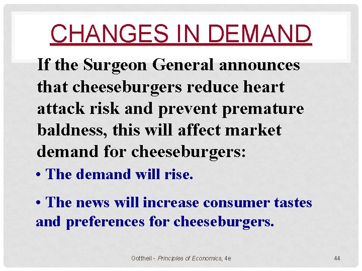 CHANGES IN DEMAND If the Surgeon General announces that cheeseburgers reduce heart attack risk