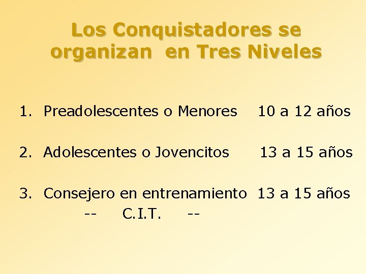 Los Conquistadores se organizan en Tres Niveles 1. Preadolescentes o Menores 10 a 12