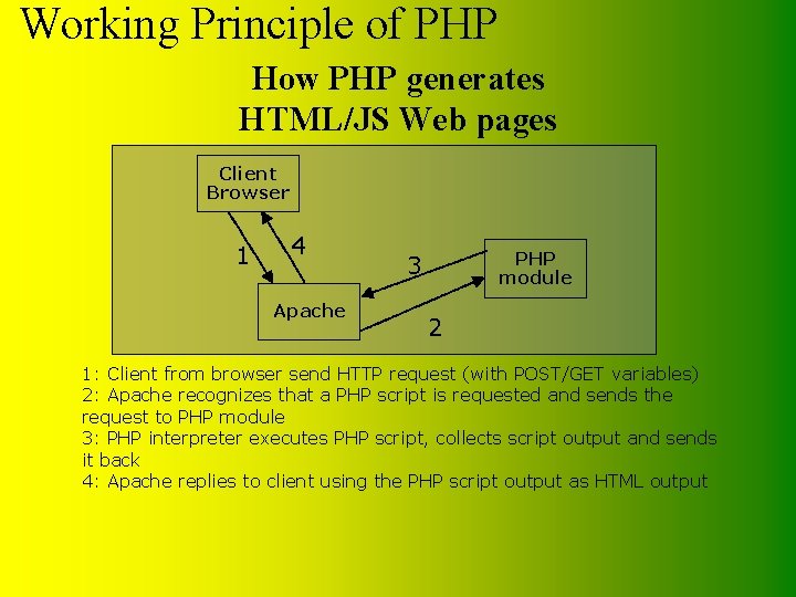 Working Principle of PHP How PHP generates HTML/JS Web pages Client Browser 1 4