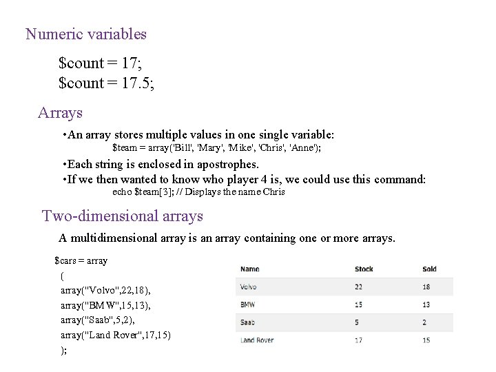 Numeric variables $count = 17; $count = 17. 5; Arrays • An array stores