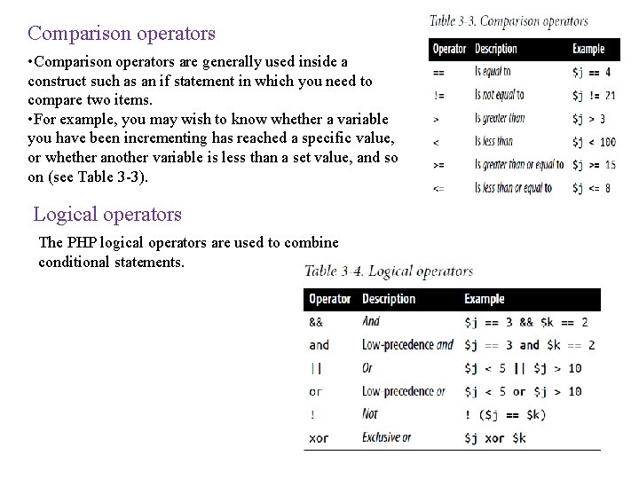 Comparison operators • Comparison operators are generally used inside a construct such as an