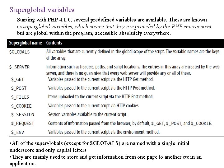 Superglobal variables Starting with PHP 4. 1. 0, several predefined variables are available. These