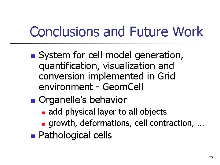 Conclusions and Future Work n n System for cell model generation, quantification, visualization and