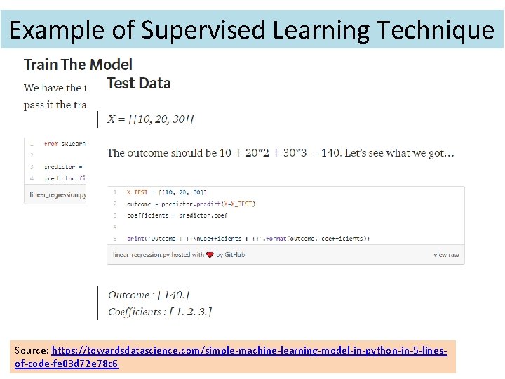 Example of Supervised Learning Technique Source: https: //towardsdatascience. com/simple-machine-learning-model-in-python-in-5 -linesof-code-fe 03 d 72 e