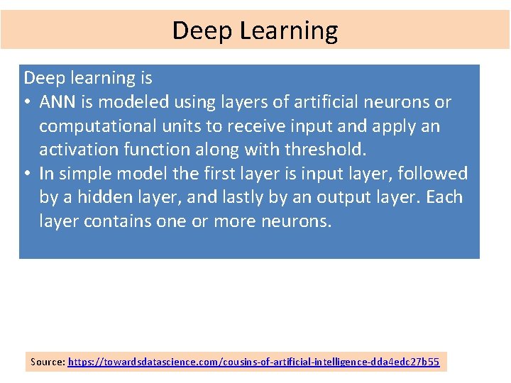 Deep Learning Deep learning is • ANN is modeled using layers of artificial neurons