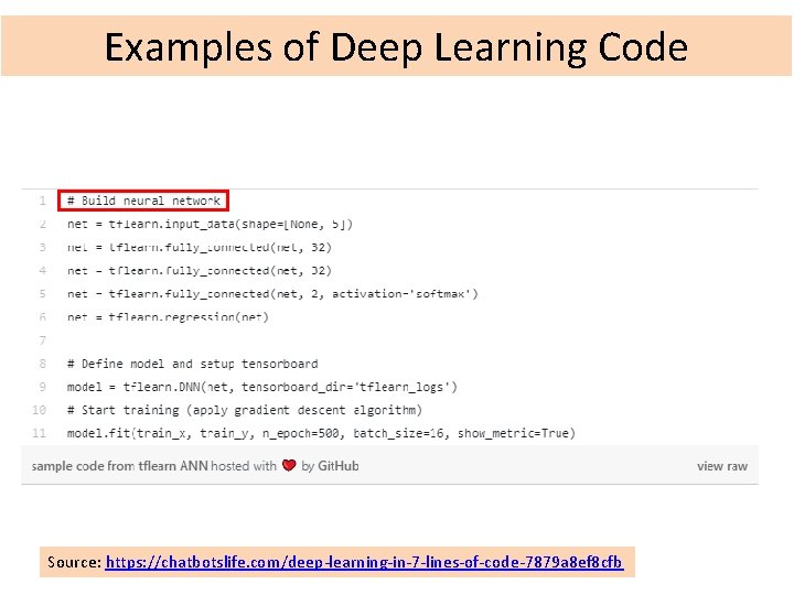 Examples of Deep Learning Code Source: https: //chatbotslife. com/deep-learning-in-7 -lines-of-code-7879 a 8 ef 8