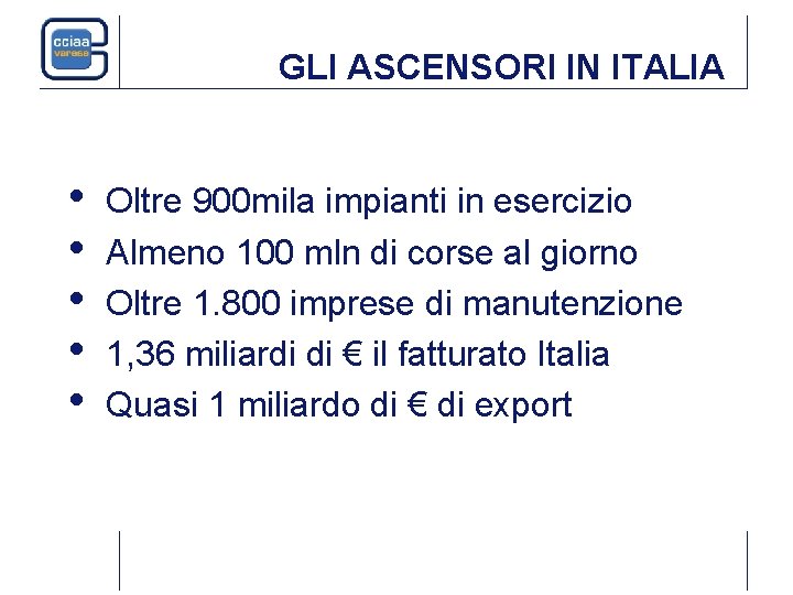 GLI ASCENSORI IN ITALIA • • • Oltre 900 mila impianti in esercizio Almeno GLI ASCENSORI IN ITALIA • • • Oltre 900 mila impianti in esercizio Almeno