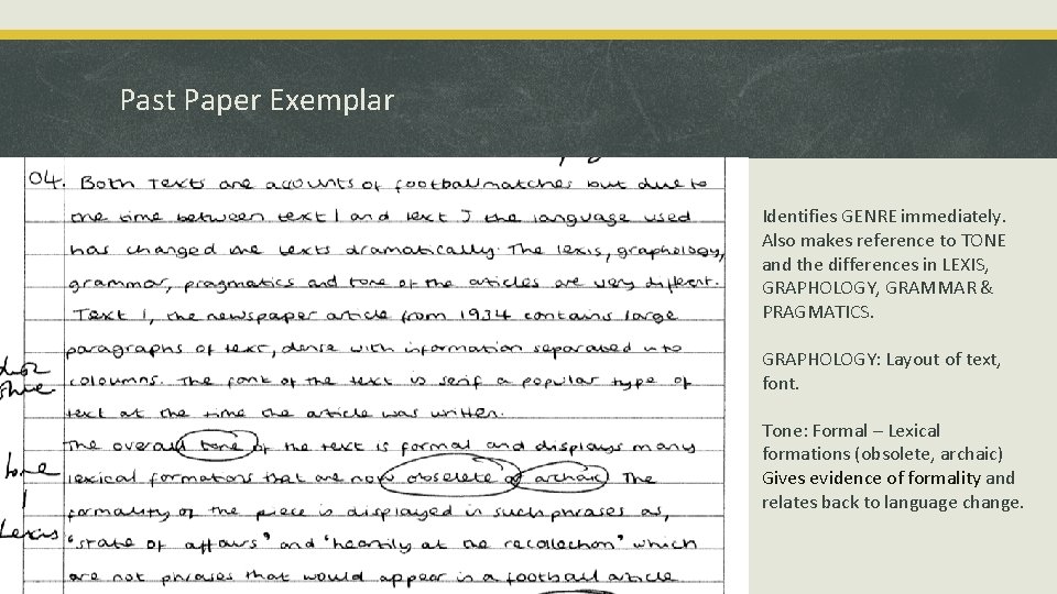 Past Paper Exemplar Identifies GENRE immediately. Also makes reference to TONE and the differences