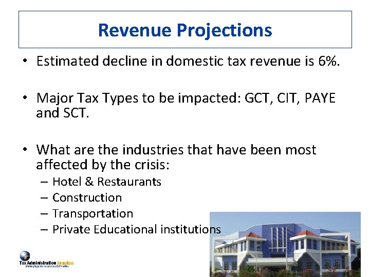 Revenue Projections • Estimated decline in domestic tax revenue is 6%. • Major Tax