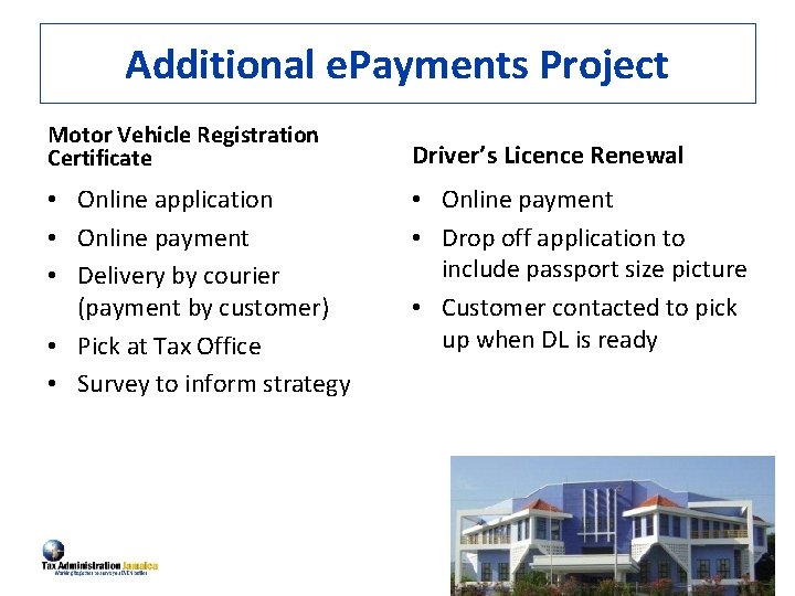 Additional e. Payments Project Motor Vehicle Registration Certificate • Online application • Online payment