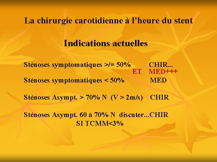 La chirurgie carotidienne à l’heure du stent Indications actuelles Sténoses symptomatiques >/= 50% Sténoses