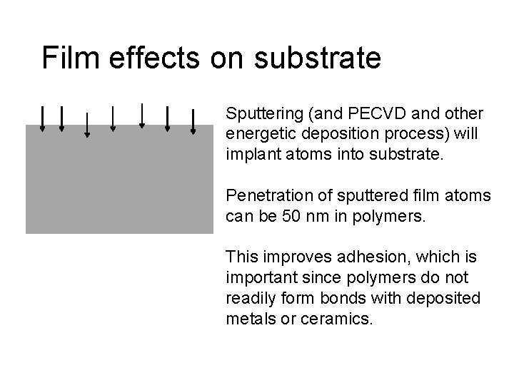 Film effects on substrate Sputtering (and PECVD and other energetic deposition process) will implant