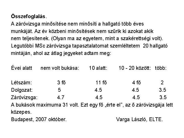 Összefoglalás. A záróvizsga minősítése nem minősíti a hallgató több éves munkáját. Az év közbeni