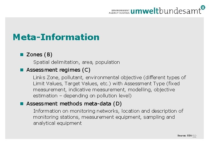 Meta-Information Zones (B) Spatial delimitation, area, population Assessment regimes (C) Links Zone, pollutant, environmental