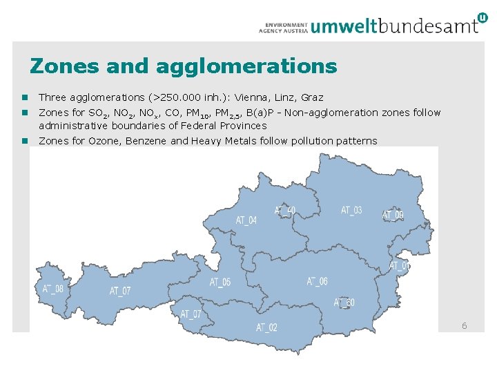 Zones and agglomerations Three agglomerations (>250. 000 inh. ): Vienna, Linz, Graz Zones for