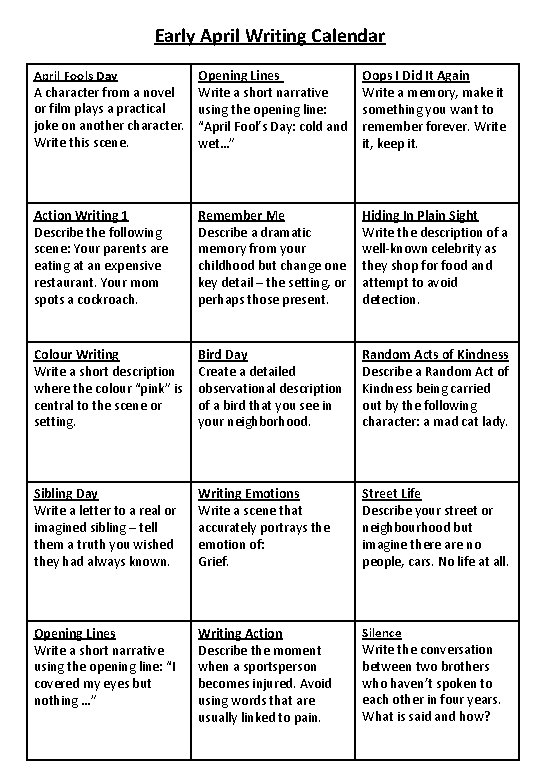 Early April Writing Calendar April Fools Day A character from a novel or film