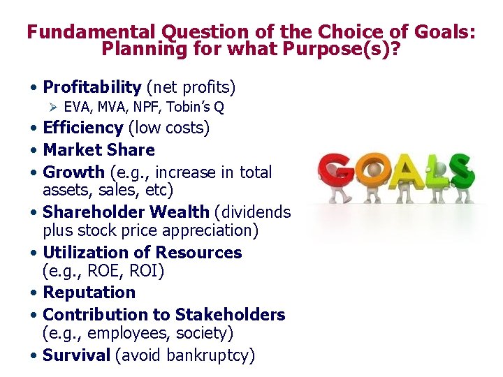 Fundamental Question of the Choice of Goals: Planning for what Purpose(s)? • Profitability (net Fundamental Question of the Choice of Goals: Planning for what Purpose(s)? • Profitability (net