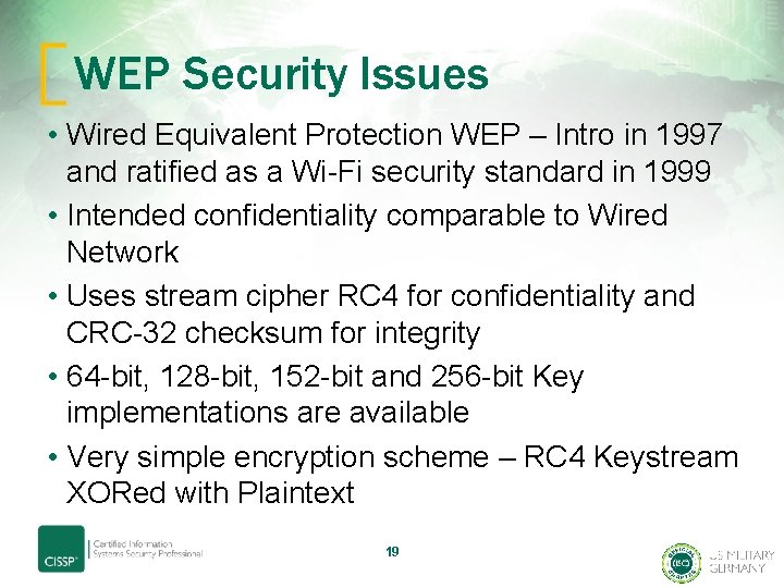 WEP Security Issues • Wired Equivalent Protection WEP – Intro in 1997 and ratified