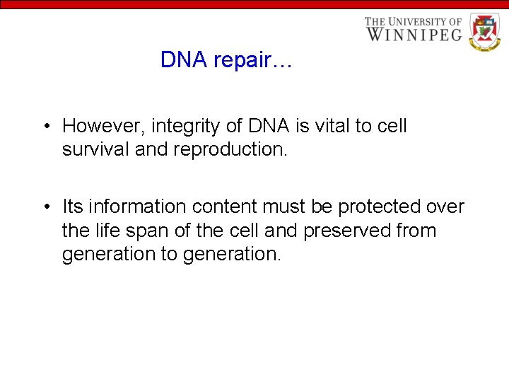 DNA repair… • However, integrity of DNA is vital to cell survival and reproduction.