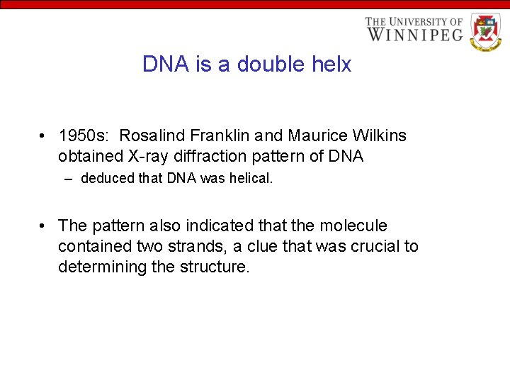 DNA is a double helx • 1950 s: Rosalind Franklin and Maurice Wilkins obtained