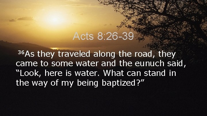 Acts 8: 26 -39 36 As they traveled along the road, they came to