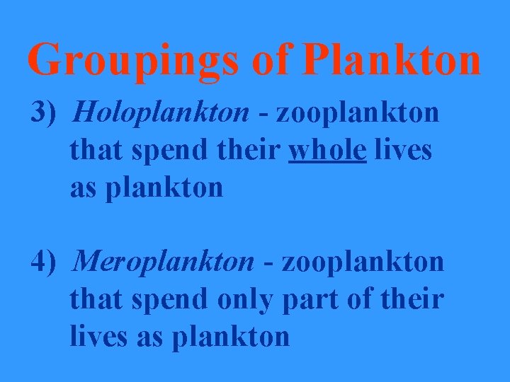 Groupings of Plankton 3) Holoplankton - zooplankton that spend their whole lives as plankton