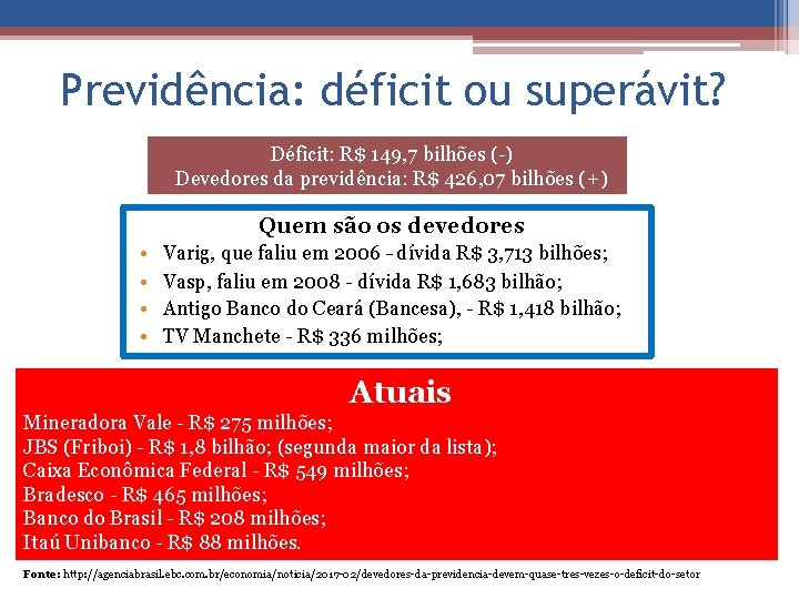 Previdência: déficit ou superávit? Déficit: R$ 149, 7 bilhões (-) Devedores da previdência: R$