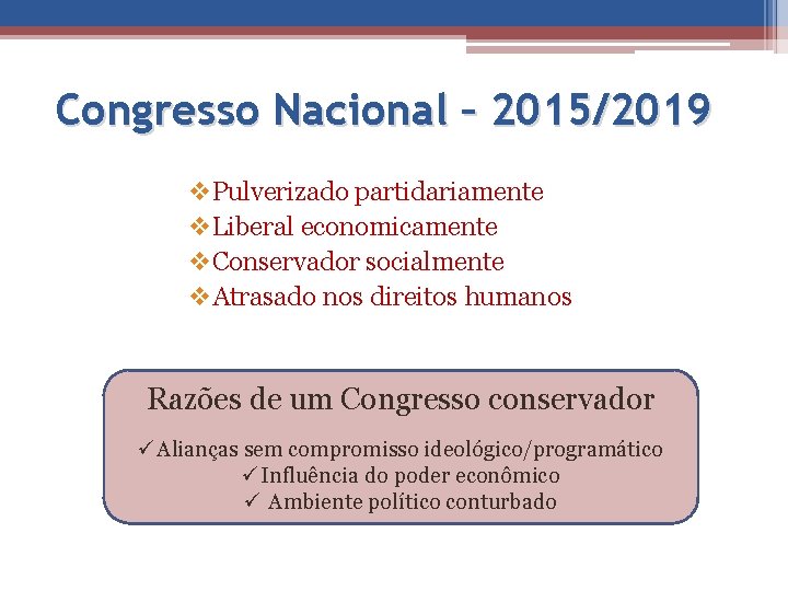 Congresso Nacional – 2015/2019 v. Pulverizado partidariamente v. Liberal economicamente v. Conservador socialmente v.