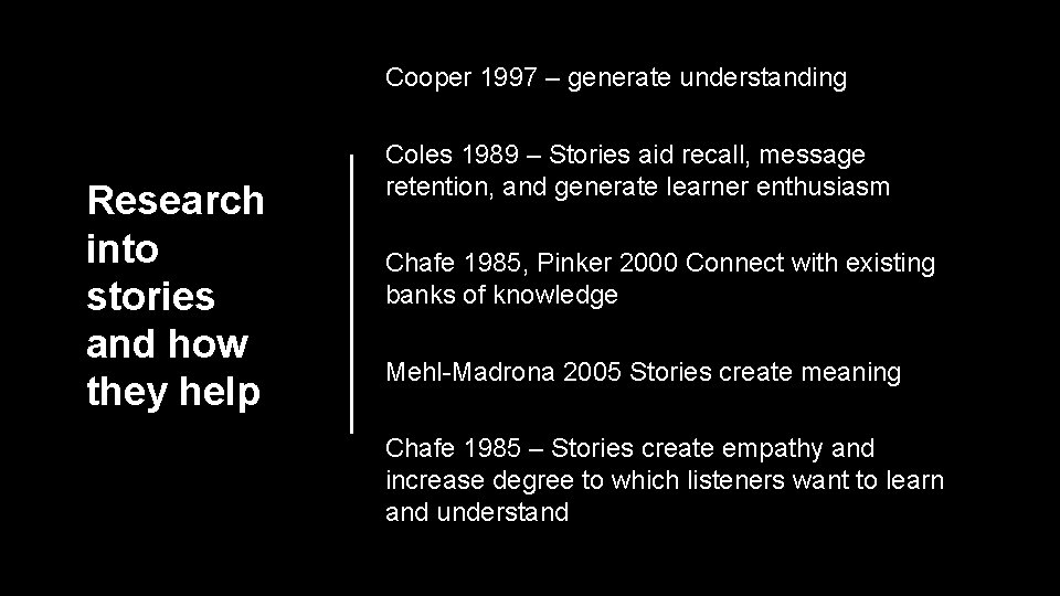 Cooper 1997 – generate understanding Research into stories and how they help Coles 1989 Cooper 1997 – generate understanding Research into stories and how they help Coles 1989