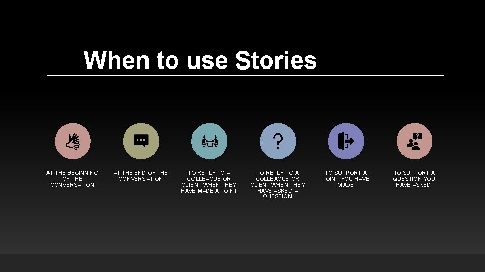 When to use Stories AT THE BEGINNING OF THE CONVERSATION AT THE END OF When to use Stories AT THE BEGINNING OF THE CONVERSATION AT THE END OF