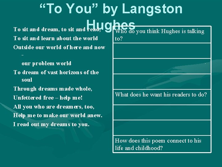 “To You” by Langston To sit and dream, to sit and Hughes read, Who