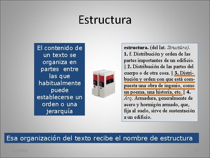 Estructura El contenido de un texto se organiza en partes entre las que habitualmente