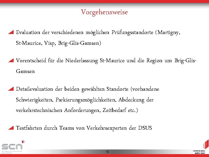 Vorgehensweise Evaluation der verschiedenen möglichen Prüfungsstandorte (Martigny, St-Maurice, Visp, Brig-Glis-Gamsen) Vorentscheid für die Niederlassung