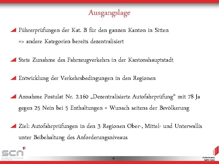 Ausgangslage Führerprüfungen der Kat. B für den ganzen Kanton in Sitten => andere Kategorien