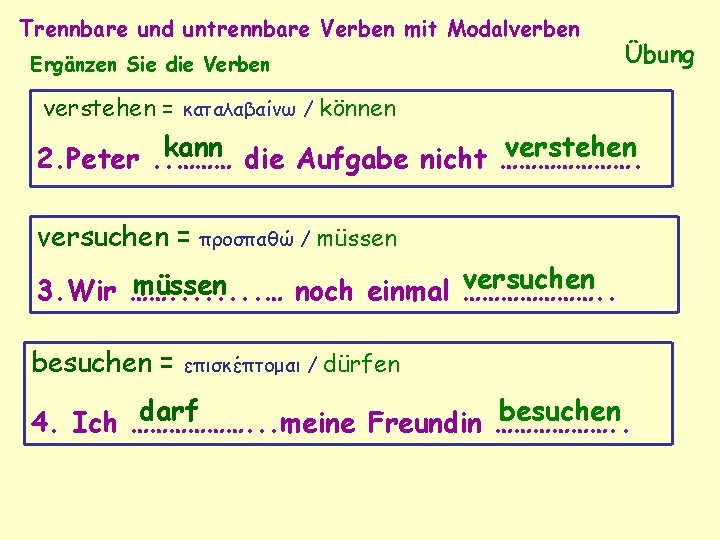 Trennbare und untrennbare Verben mit Modalverben Ergänzen Sie die Verben Übung verstehen = καταλαβαίνω