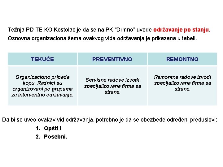 Težnja PD TE-KO Kostolac je da se na PK “Drmno” uvede održavanje po stanju. Težnja PD TE-KO Kostolac je da se na PK “Drmno” uvede održavanje po stanju.
