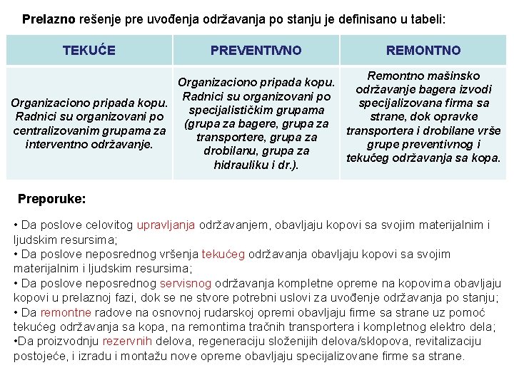 Prelazno rešenje pre uvođenja održavanja po stanju je definisano u tabeli: TEKUĆE PREVENTIVNO REMONTNO