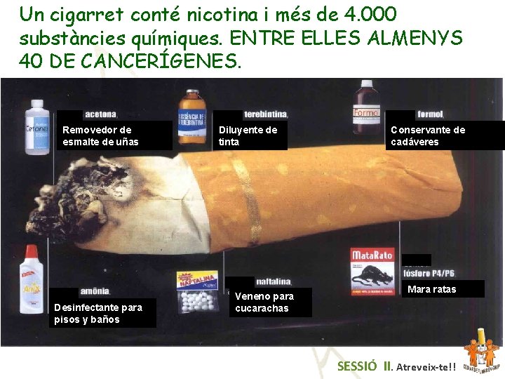 Un cigarret conté nicotina i més de 4. 000 substàncies químiques. ENTRE ELLES ALMENYS