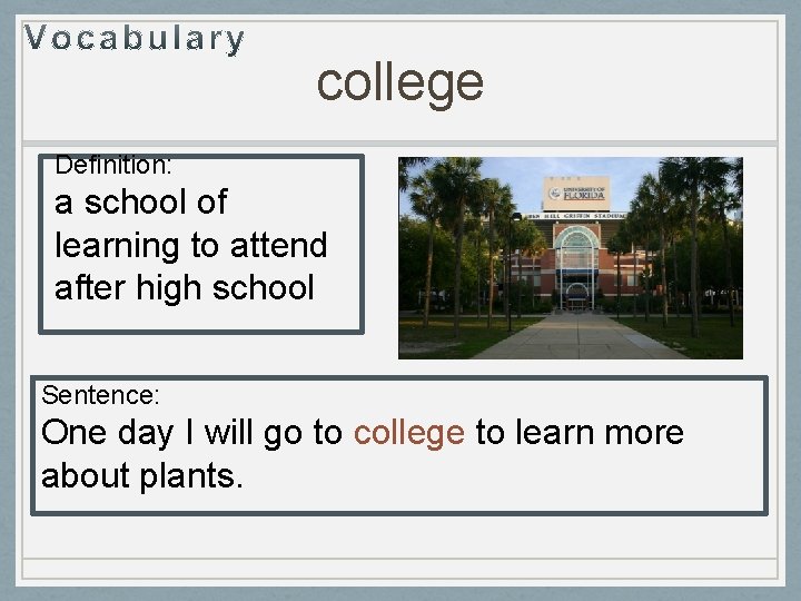college Definition: a school of learning to attend after high school Sentence: One day