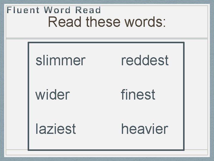 Read these words: slimmer reddest wider finest laziest heavier 