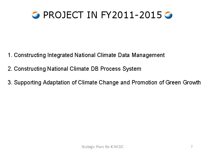 PROJECT IN FY 2011 -2015 1. Constructing Integrated National Climate Data Management 2. Constructing