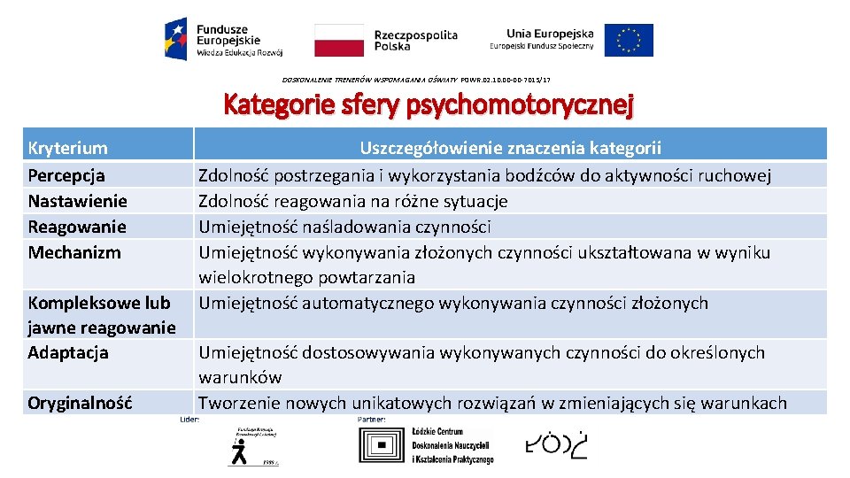 DOSKONALENIE TRENERÓW WSPOMAGANIA OŚWIATY POWR. 02. 10. 00 -00 -7015/17 Kategorie sfery psychomotorycznej Kryterium