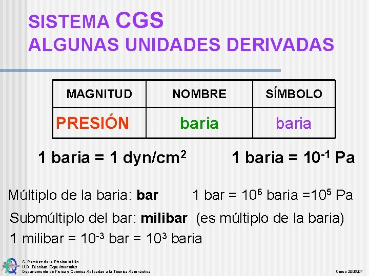 SISTEMA CGS ALGUNAS UNIDADES DERIVADAS MAGNITUD PRESIÓN NOMBRE SÍMBOLO baria 1 baria = 1