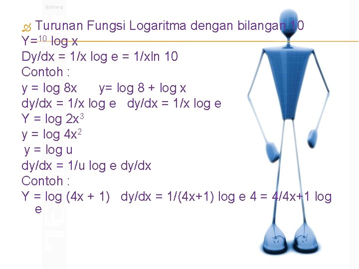 Turunan Fungsi Logaritma dengan bilangan 10 Y=10 log x Dy/dx = 1/x log e