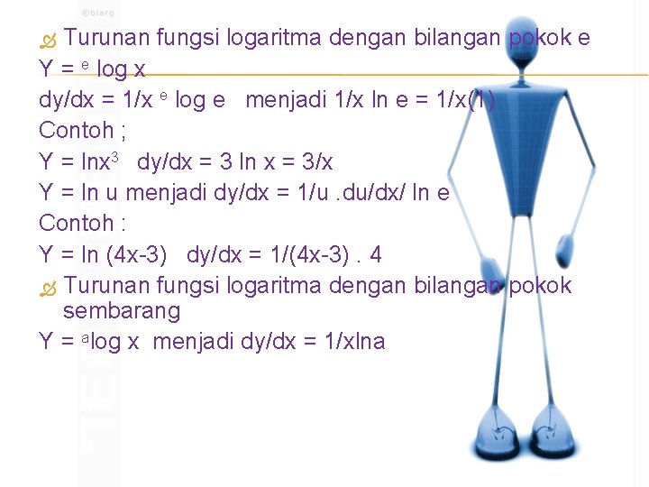 Turunan fungsi logaritma dengan bilangan pokok e Y = e log x dy/dx =