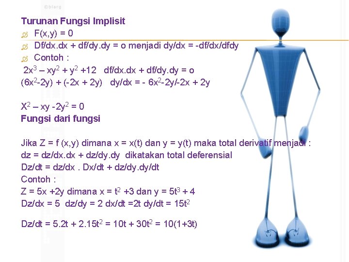 Turunan Fungsi Implisit F(x, y) = 0 Df/dx. dx + df/dy. dy = o