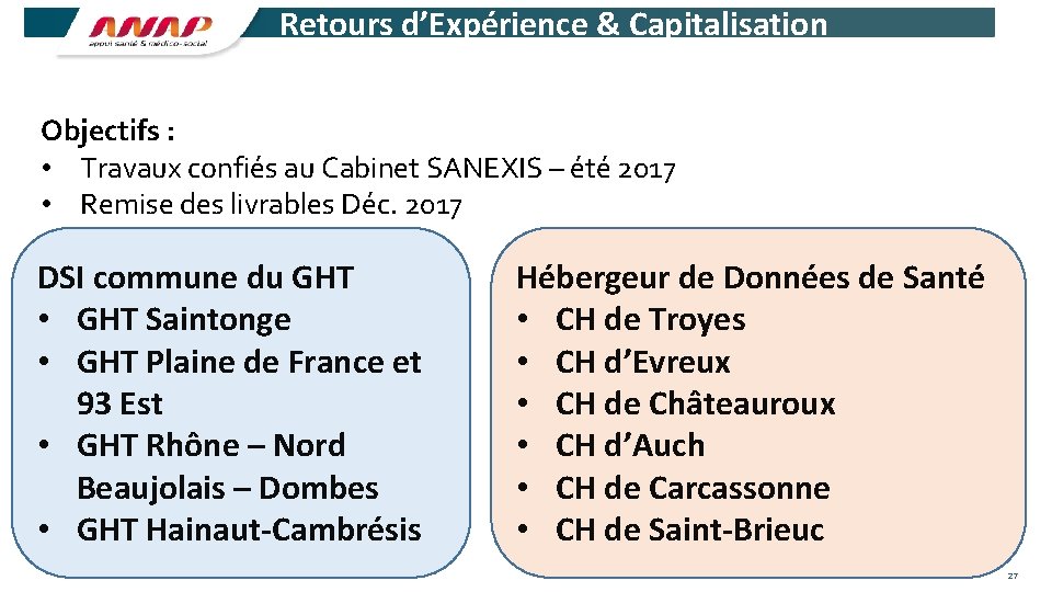 Retours d’Expérience & Capitalisation Objectifs : • Travaux confiés au Cabinet SANEXIS – été