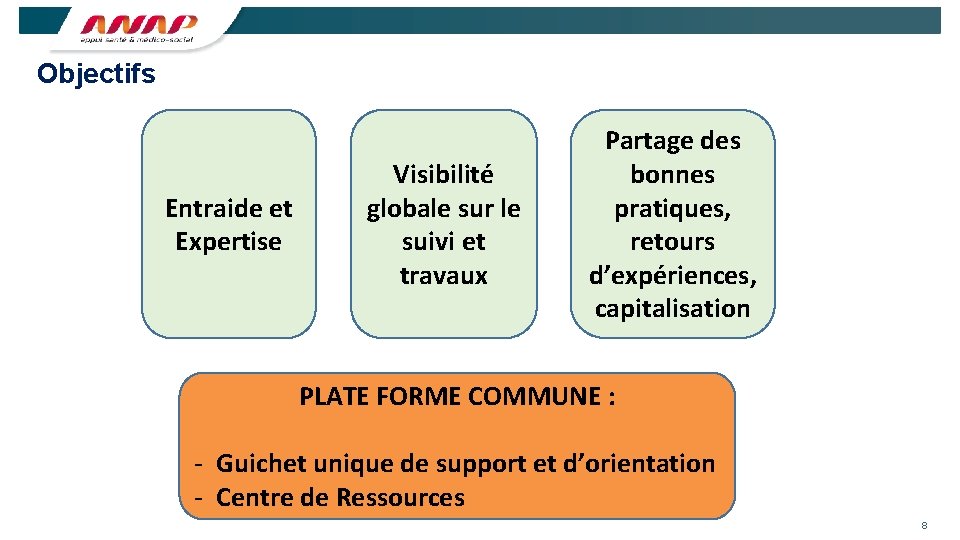 Objectifs Entraide et Expertise Visibilité globale sur le suivi et travaux Partage des bonnes