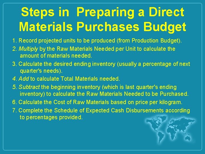 Steps in Preparing a Direct Materials Purchases Budget 1. Record projected units to be